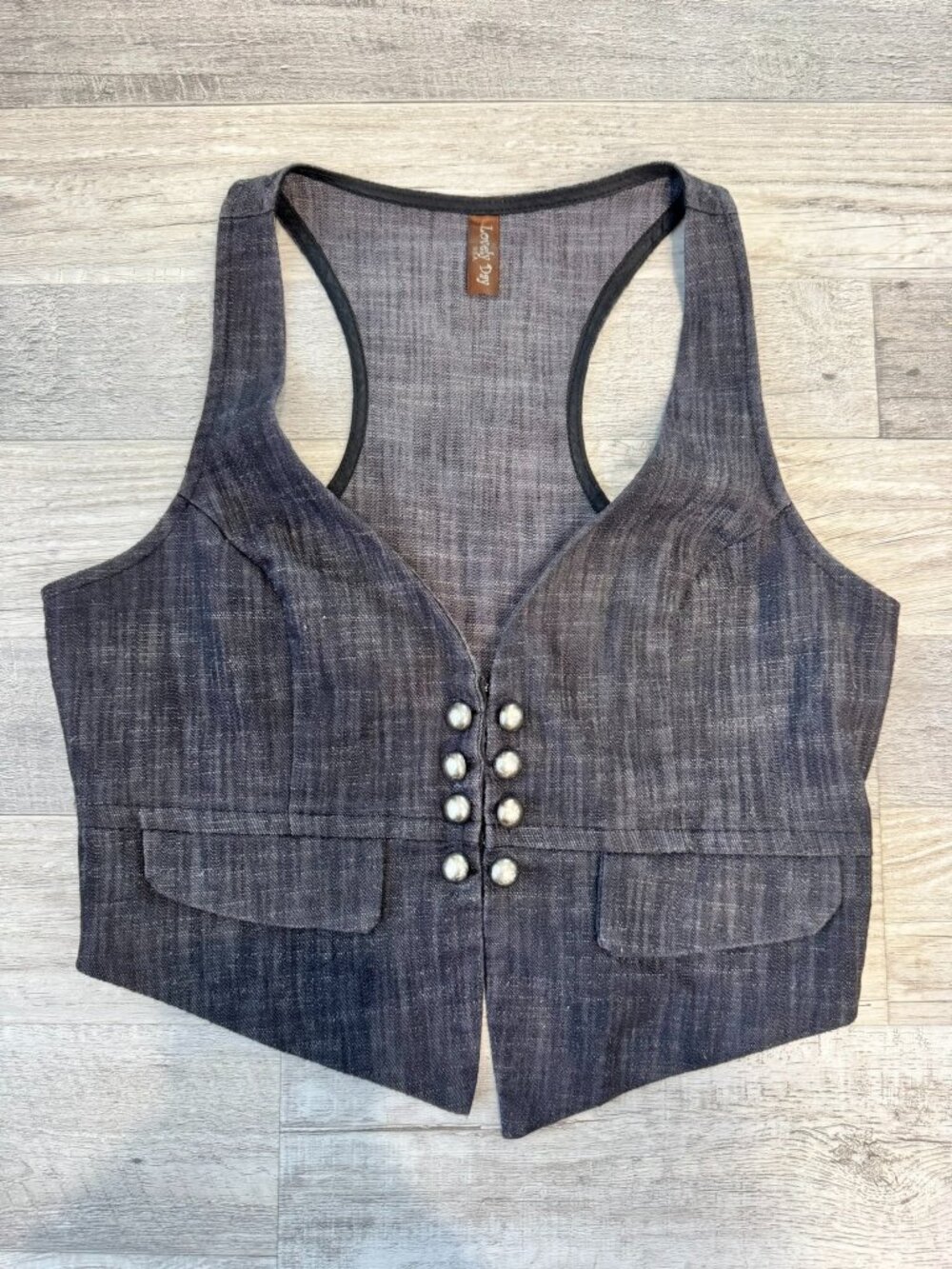 Lovely Day grey denim fitted vest dark academia medium runs small M17